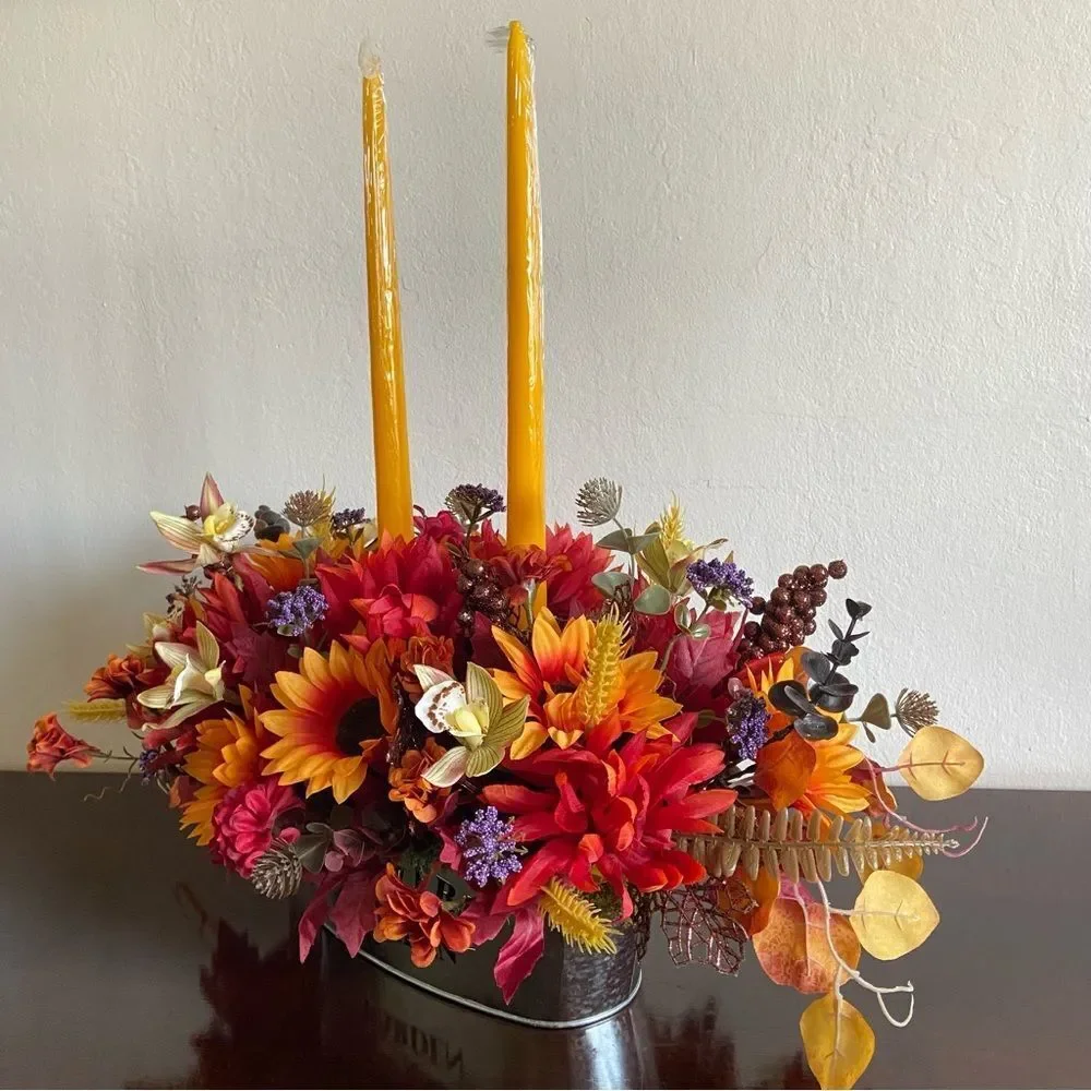 Faux Floral Candle Centerpiece with Sunflowers/Orchids/Mums